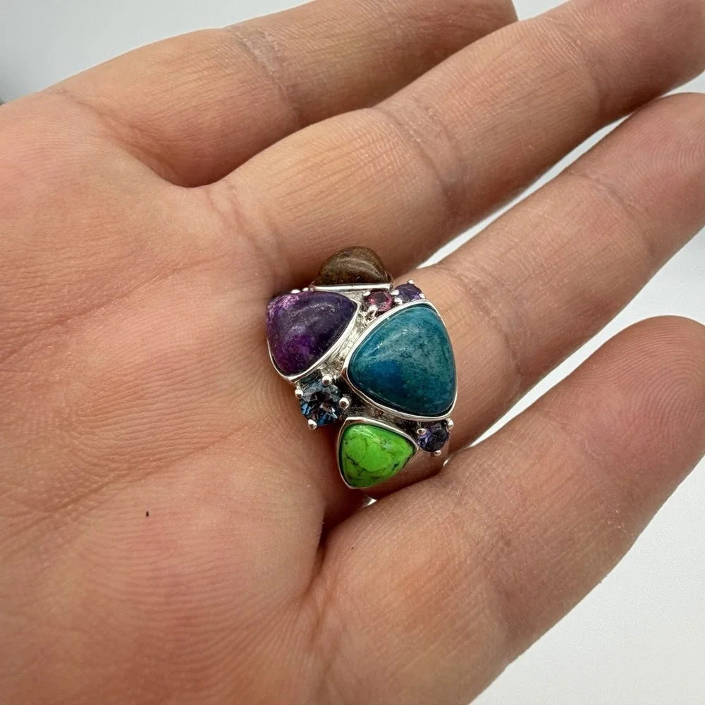 Vtg Lorenzo Sterling Silver Multi Gemstone Ring Turquoise Chrome Diopside QVC S7